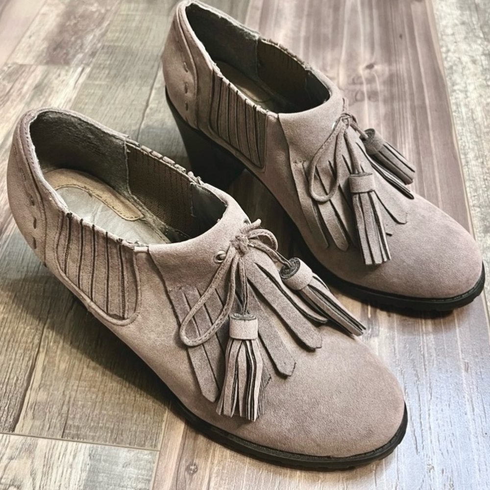 Ruff Hewn Womens Ginger Suede Block Heel Tie Tassel Fringe Gray Bootie Size 9